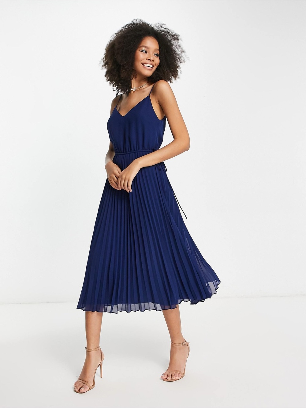 ASOS Navy Pleated Midi Dress with V-Neck